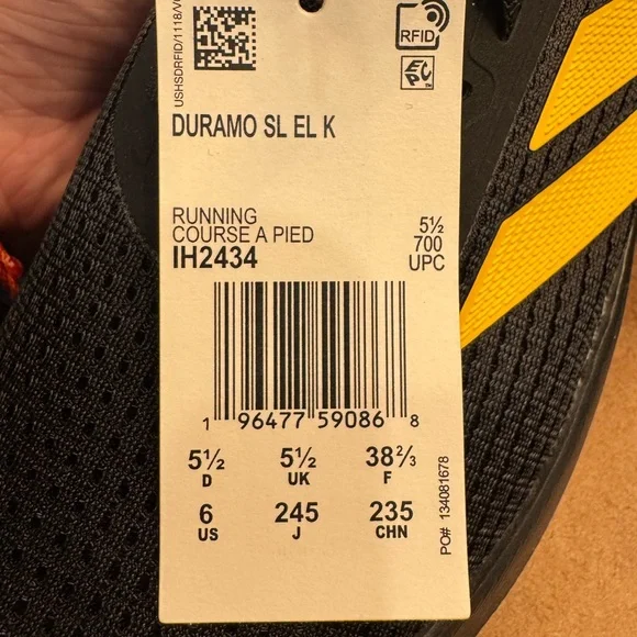 Adidas Duramo SL Elastic Lace Black and Yellow Running Shoes Size 6 - Picture 4 of 5